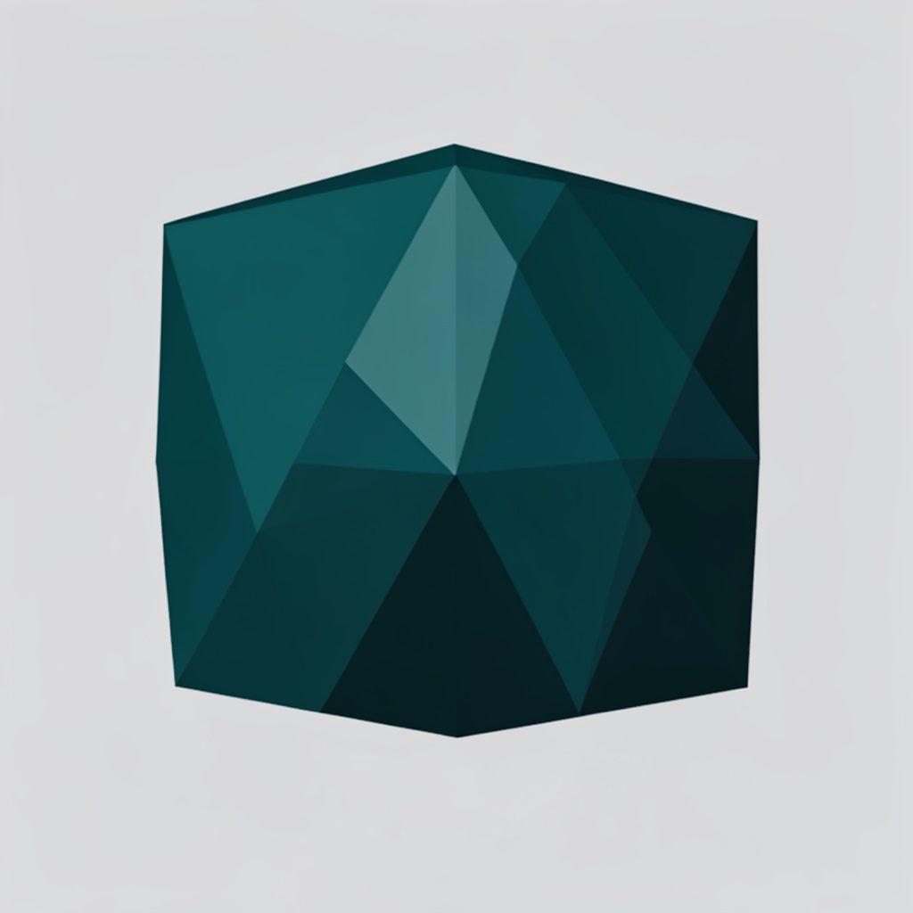 Low-poly faceted geometric render in teal and lime with angular shapes evoking conference architecture