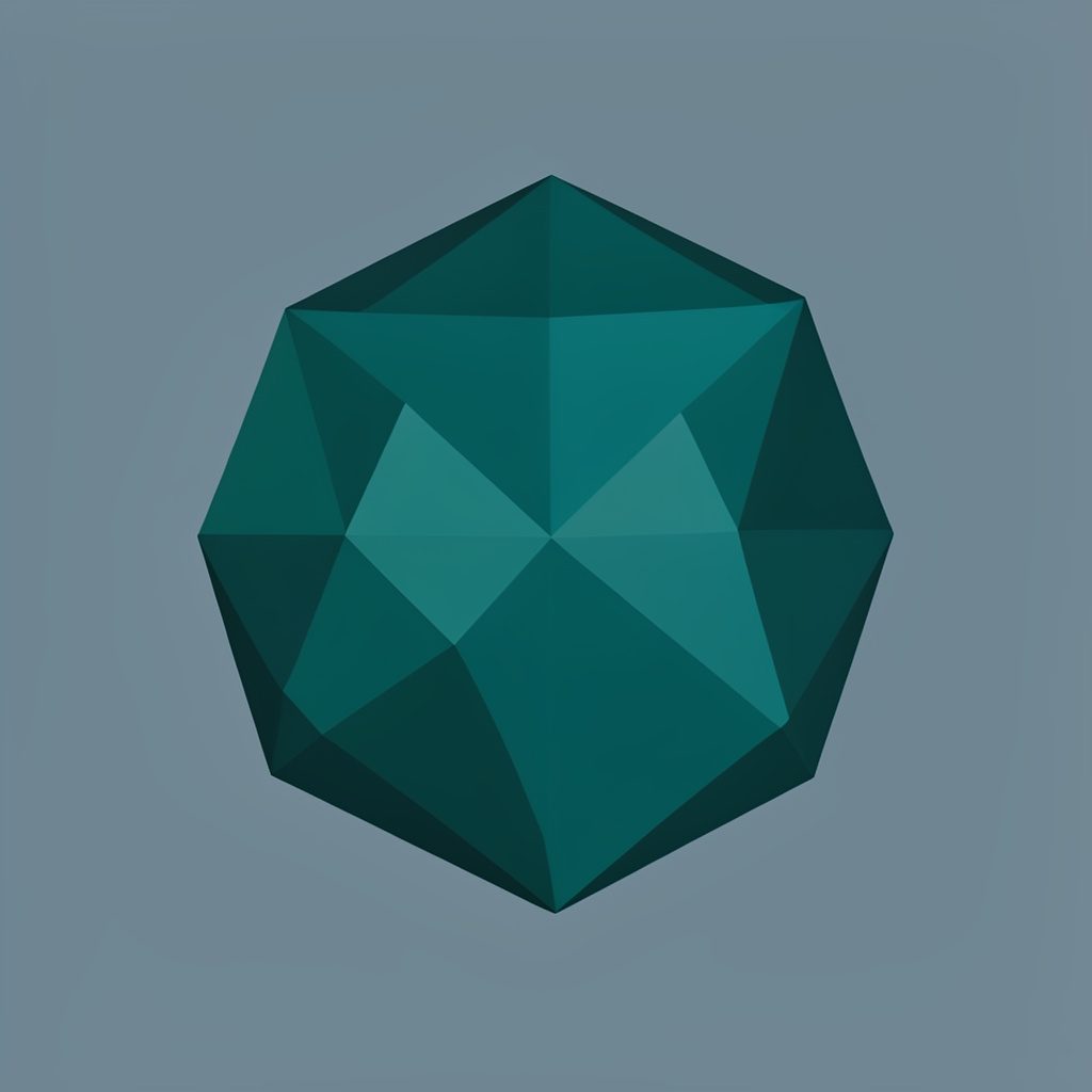 Low-poly faceted geometric render of a conference auditorium rendered in teal and lime green tones with soft ambient light